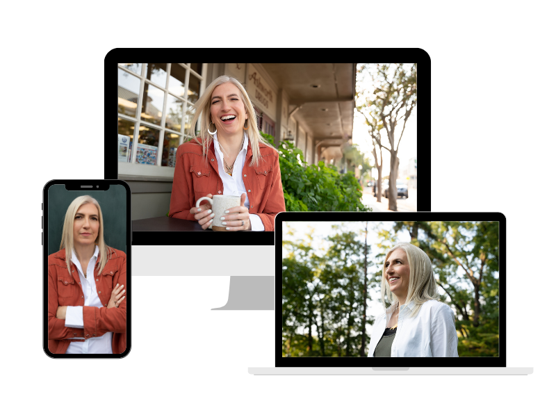 Mockup of tablet, phone, and computer displaying branding photography of a woman