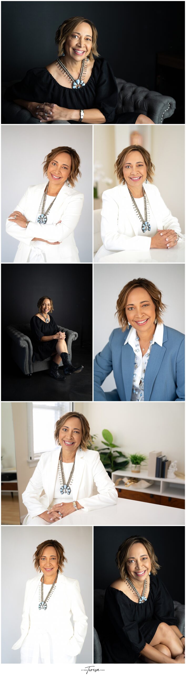 Professional Headshots for small-business owner woman, featuring a variety of backdrops and outfit changes.